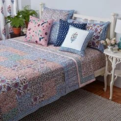 Aizel Twin XL Multi/Blue Patchwork Hand Stitched Quilt -Coco & Wolf Shop aizel twin xl multiblue patchwork hand stitched quilt 2208