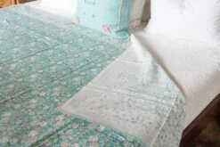 Aqua Blooming Block Print Cotton Bed Coverlet -Coco & Wolf Shop aqua blooming block print cotton bed coverlet 0167