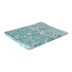 Aqua Blooming Block Print Cotton Bed Coverlet
