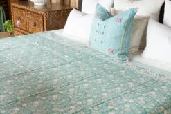 Aqua Blooming Block Print Cotton Bed Coverlet -Coco & Wolf Shop aqua blooming block print cotton bed coverlet 5270