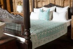 Aqua Blooming Block Print Cotton Bed Coverlet -Coco & Wolf Shop aqua blooming block print cotton bed coverlet 8768