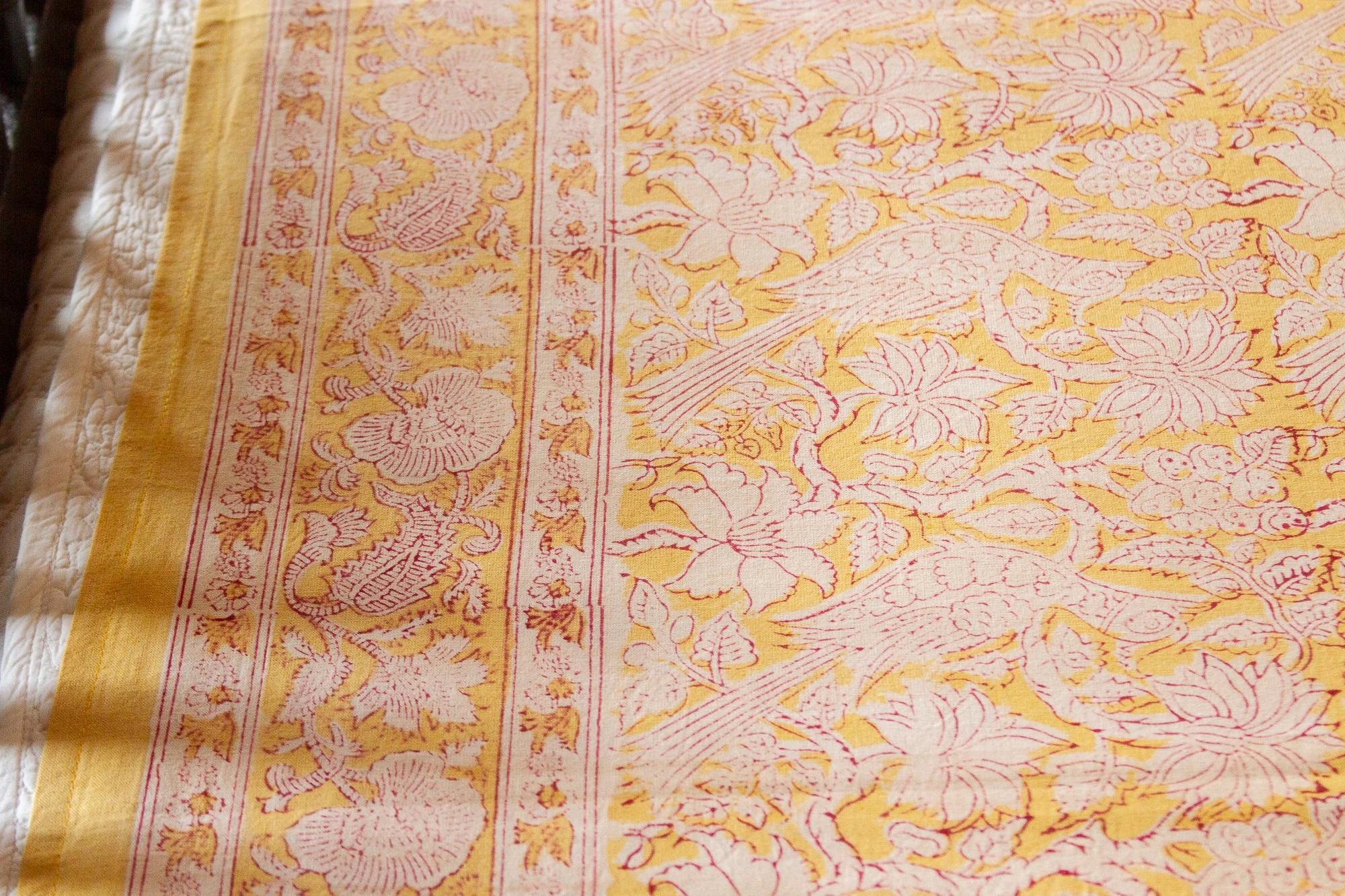 Canary Flowery Block Print Cotton Bed Spread 8 Canary Flowery Block Print Cotton Bed Spread - Image 6