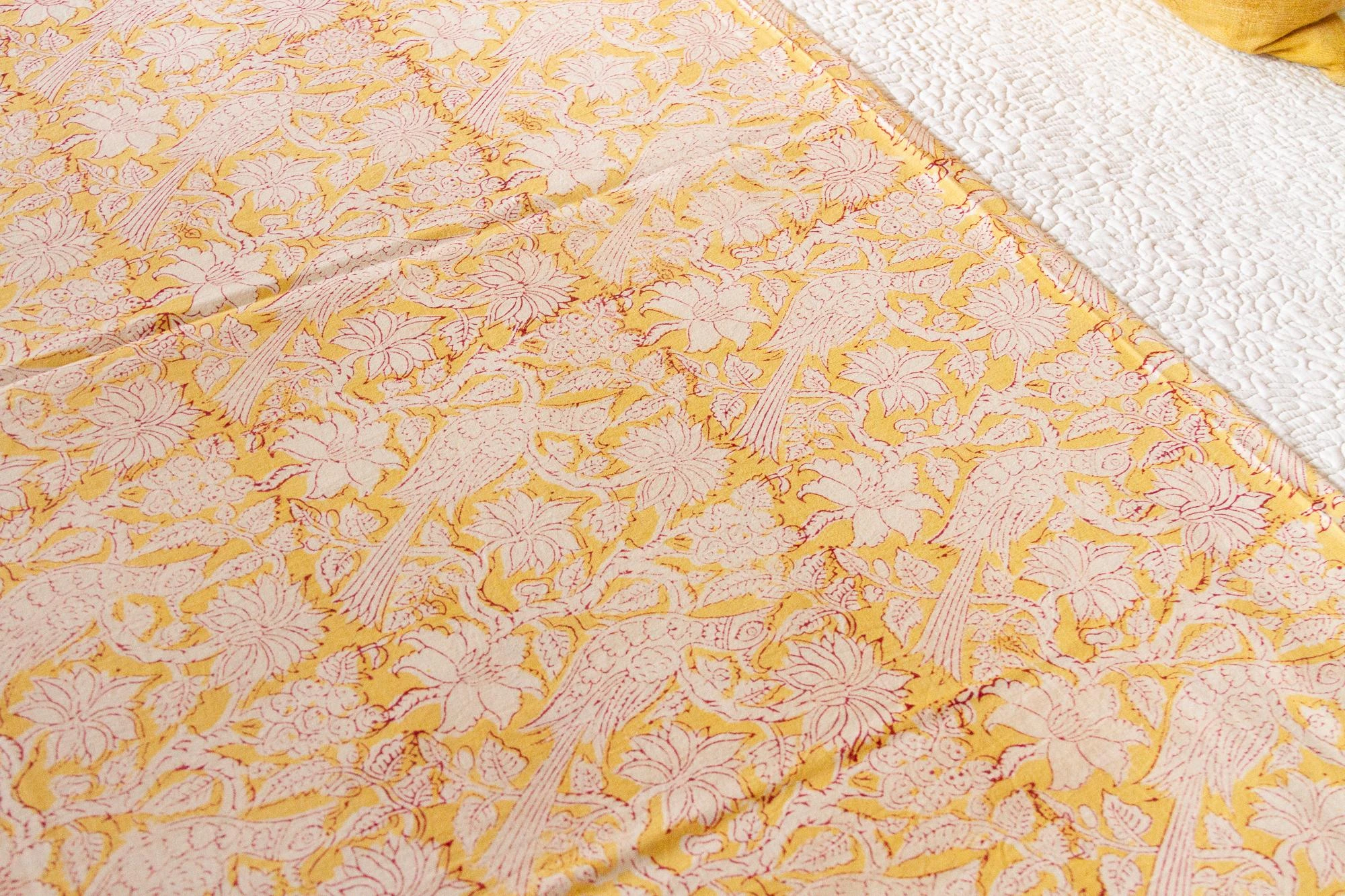 Canary Flowery Block Print Cotton Bed Spread 6 Canary Flowery Block Print Cotton Bed Spread - Image 4