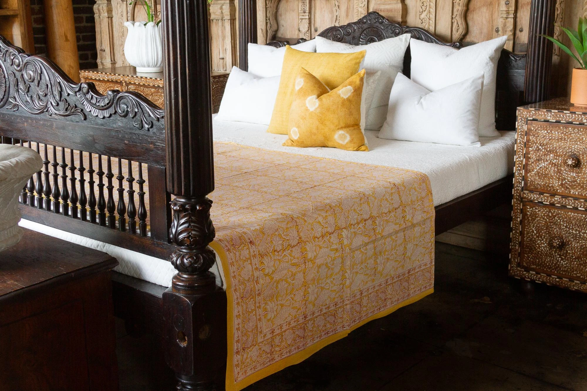 Canary Flowery Block Print Cotton Bed Spread 4 Canary Flowery Block Print Cotton Bed Spread - Image 2