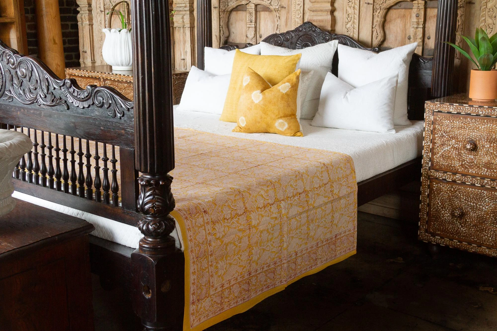 Canary Flowery Block Print Cotton Bed Spread 9 Canary Flowery Block Print Cotton Bed Spread - Image 7