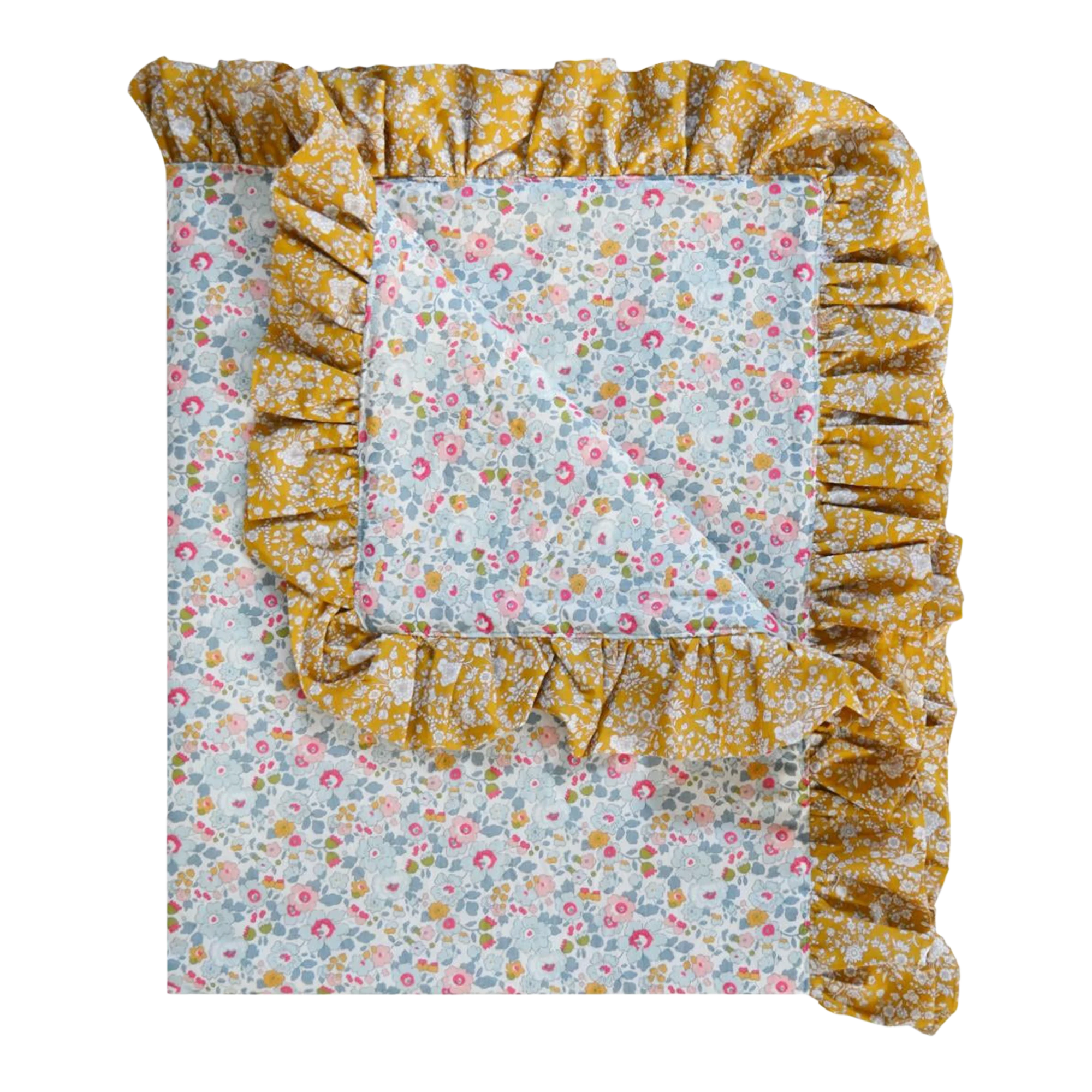 Coco & Wolf Ruffle Bedspread Made With Liberty Fabric Betsy Grey & Capel Mustard, Cot Bed 3 Coco & Wolf Ruffle Bedspread Made With Liberty Fabric Betsy Grey & Capel Mustard, Cot Bed