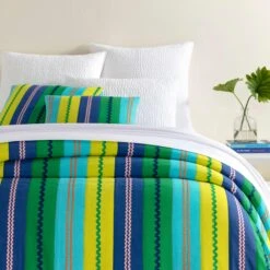 Kit Kemp For Pine Cone Hill Ric Rac Stripe Blue/Green Coverlet, Twin