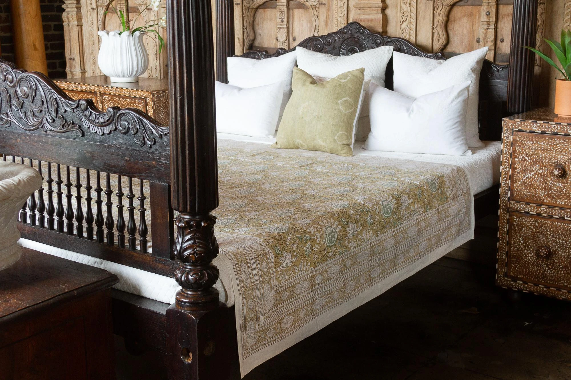 Olive Floral Block Print Cotton Bed Coverlet 8 Olive Floral Block Print Cotton Bed Coverlet - Image 6