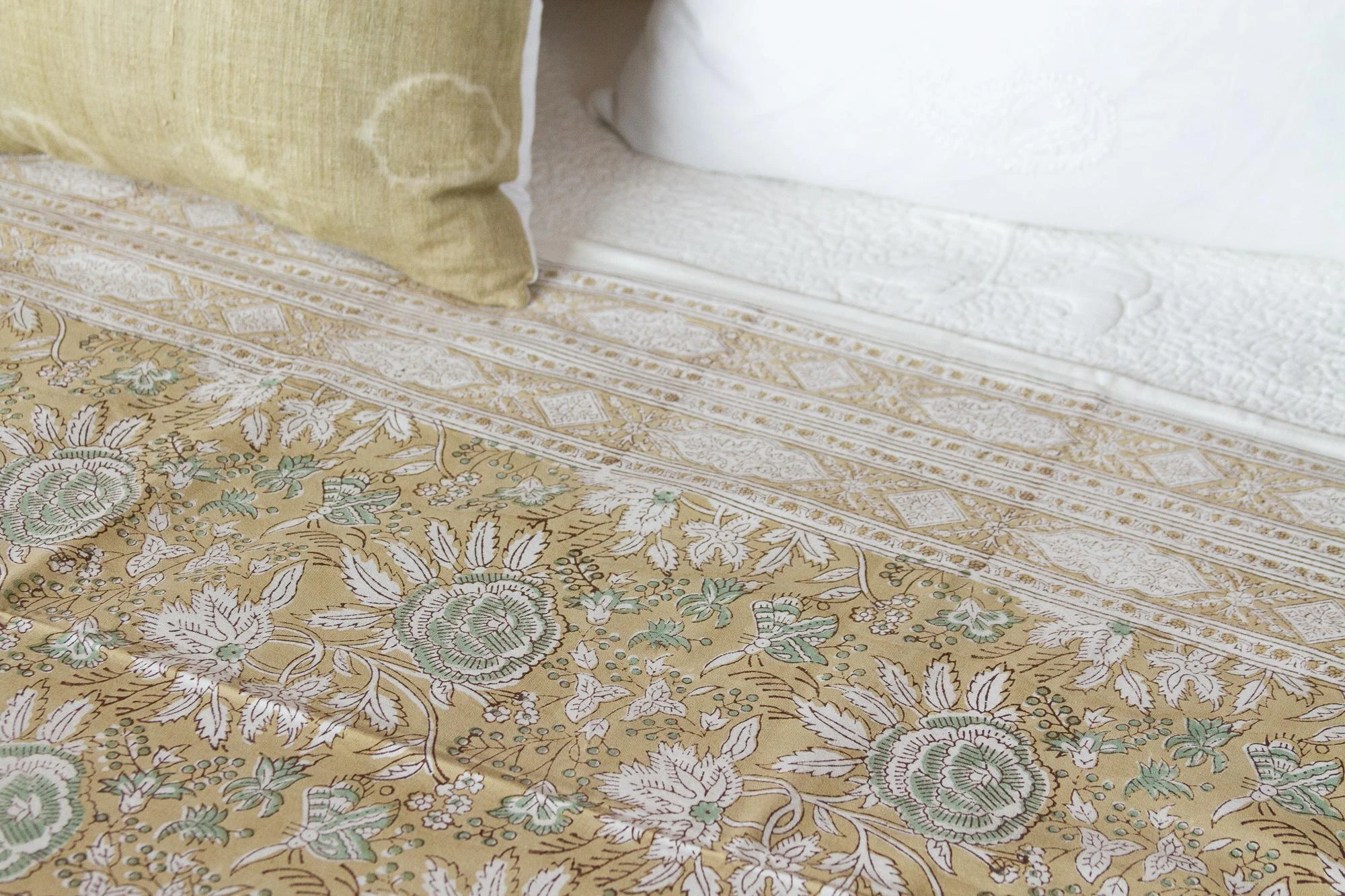 Olive Floral Block Print Cotton Bed Coverlet 6 Olive Floral Block Print Cotton Bed Coverlet - Image 4