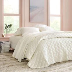 Pine Cone Hill By Annie Selke Quilted Silken Solid Ivory Coverlet, Full/Queen -Coco & Wolf Shop pine cone hill by annie selke quilted silken solid ivory coverlet fullqueen 4125