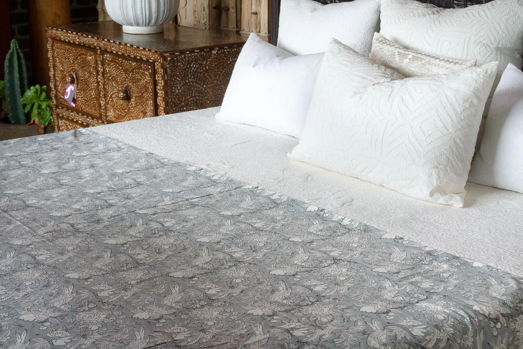 Songbird Floral Block Print Cotton Bed Spread 5 Songbird Floral Block Print Cotton Bed Spread - Image 3