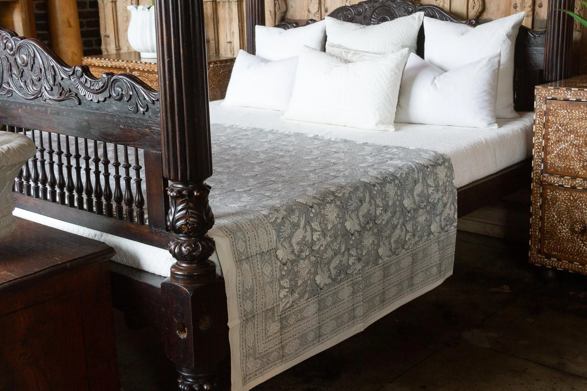 Songbird Floral Block Print Cotton Bed Spread 4 Songbird Floral Block Print Cotton Bed Spread - Image 2